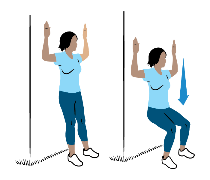 Illustration of a person starting off flat against a wall with their arms up and then squatting down